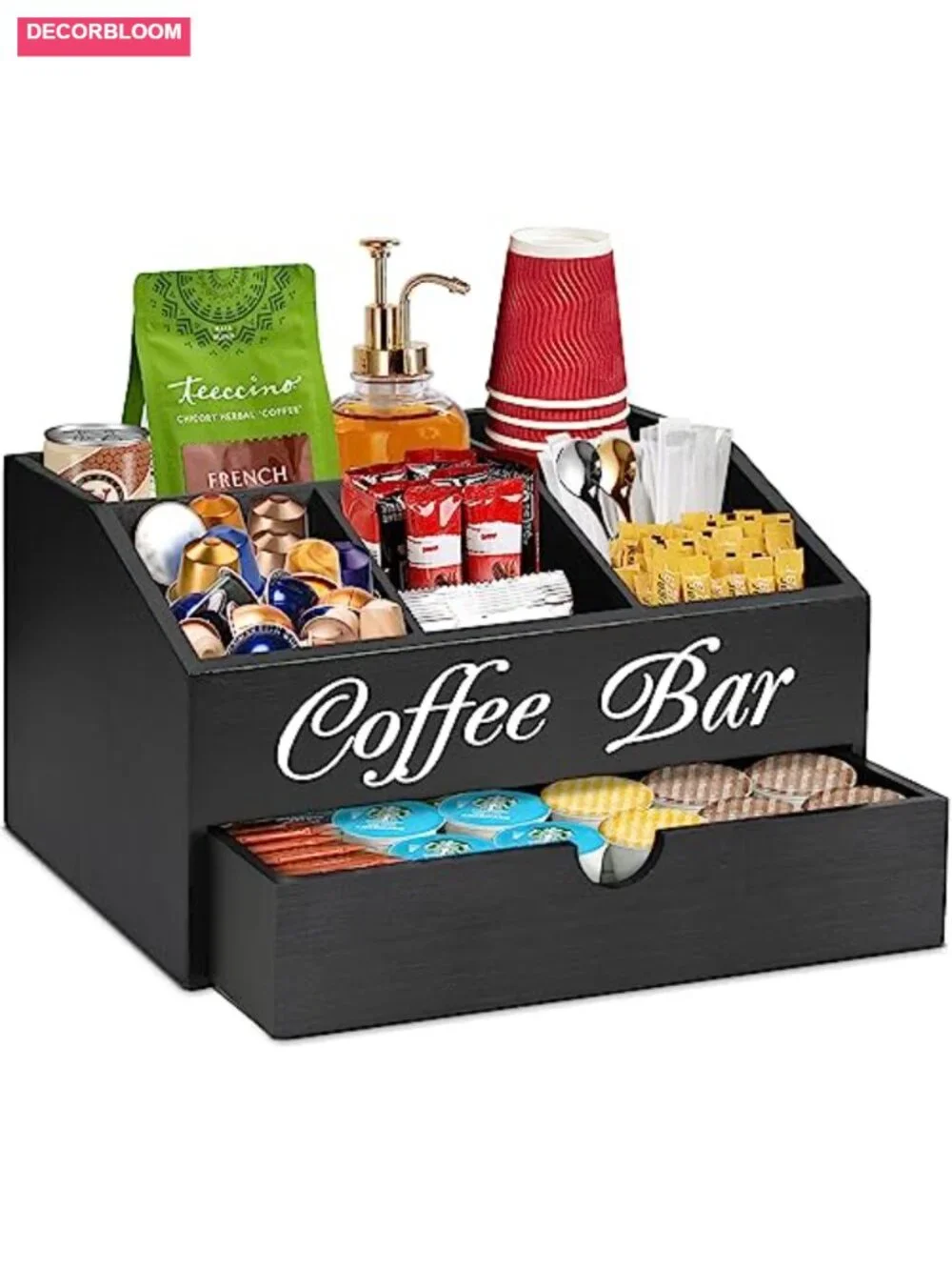 Wood Coffee Bar Organizer with Drawer, Countertop Storage, Farmhouse Tea
